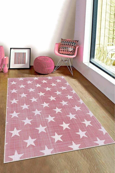 Pembe Kaymaz Tabanlı Yıkanabilir Yıldızlı Bebek Halısı KD80 ürün görseli 1