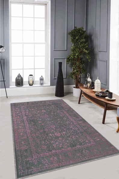 Pembe Vintage Kaymaz Tabanlı Makinede Yıkanabilir Halı RV286 ürün görseli 1