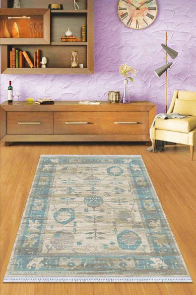 Mavi Çerçeveli Dokuma Pamuk Taban Kaymaz Kilim KLM230 ürün görseli 1