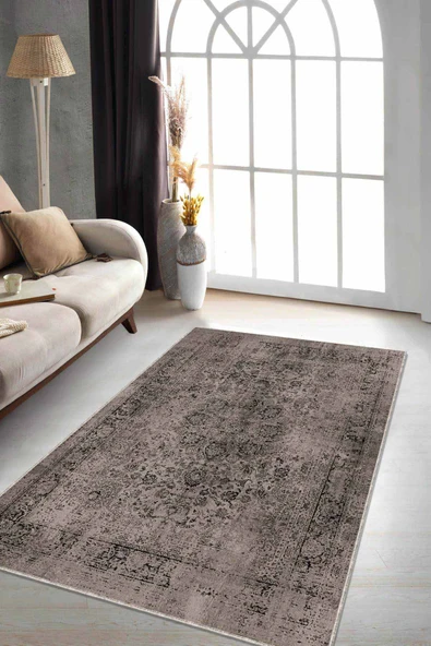 Bej Vintage Kaymaz Tabanlı Makinede Yıkanabilir Halı RV278 ürün görseli 1
