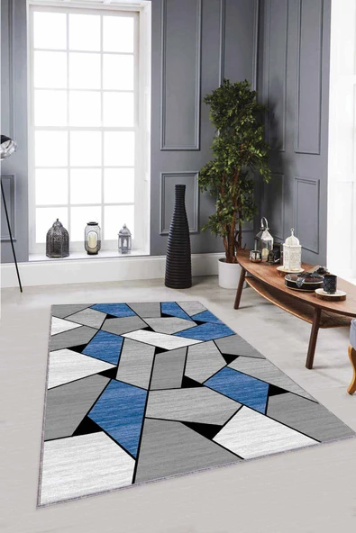 Mavi Geometrik Kaymaz Tabanlı Makinede Yıkanabilir Halı WL07 ürün görseli 1