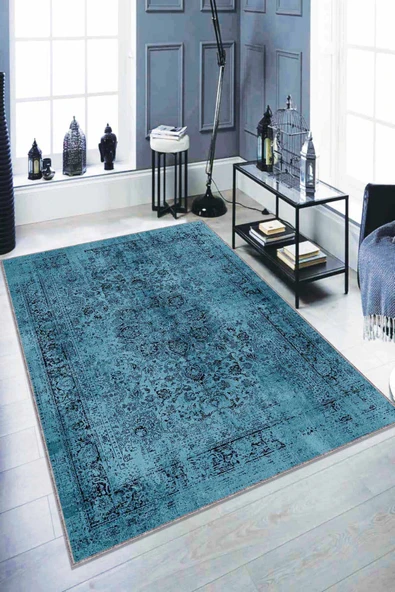 Mavi Vintage Kaymaz Tabanlı Makinede Yıkanabilir Halı RV279 ürün görseli 1