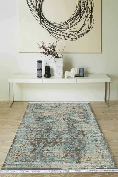Mavi Modern Dokuma Pamuk Tabanlı Kaymaz Kilim KLM007 ürün görseli 1