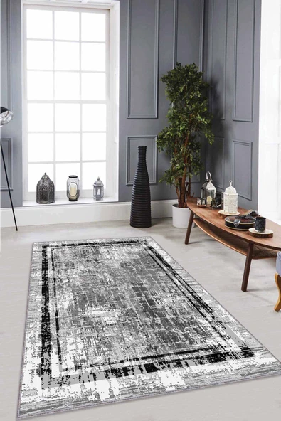 Gri Çerçeveli Kaymaz Tabanlı Makinede Yıkanabilir Halı RV103 ürün görseli 1