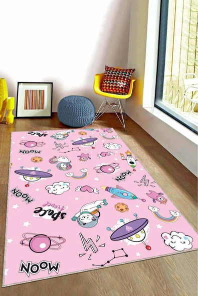 Pembe Kaymaz Tabanlı Yıkanır Uzay Temalı Çocuk Halısı KD119 ürün görseli 1