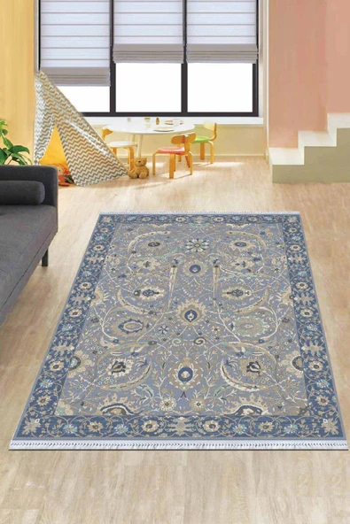 Eflatun Çerçeveli Dokuma Pamuk Taban Kaymaz Kilim KLM199 ürün görseli 1