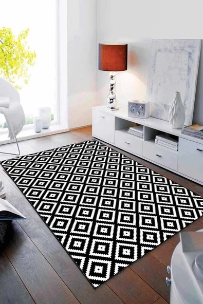 Siyah Beyaz Karo Desen Kaymaz Tabanlı Dekoratif Halı RV181 ürün görseli 1