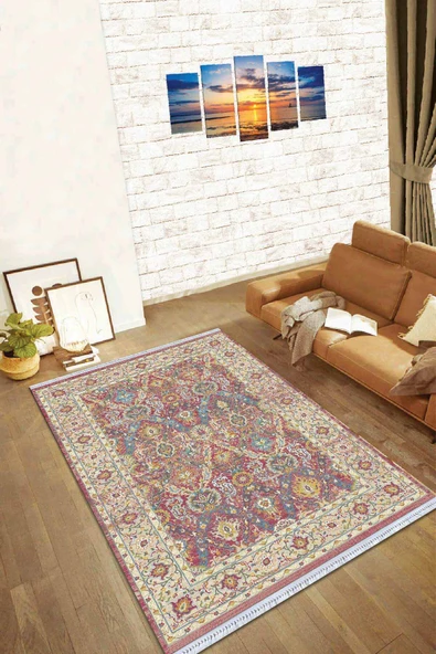 Pembe Çerçeveli Dokuma Pamuk Taban Kaymaz Kilim KLM243 ürün görseli 1