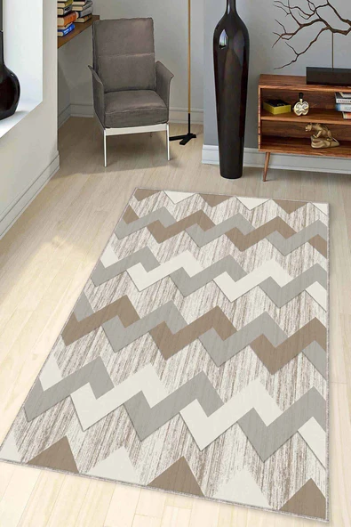 Bej Zigzag Kaymaz Tabanlı Makinede Yıkanabilir Halı KN007 ürün görseli 1