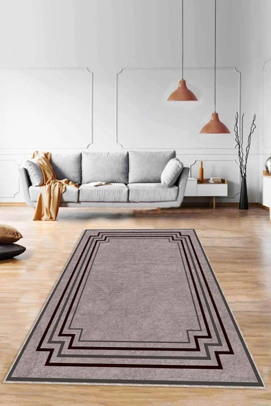 Bej Çerçeveli Kaymaz Tabanlı Makinede Yıkanabilir Halı RV051 ürün görseli 1