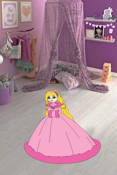 Pembe Kaymaz Taban Prensesli Lazer Kesim Çocuk Halısı KD091 ürün görseli 1