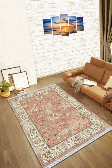 Pembe Çerçeveli Dokuma Pamuk Taban Kaymaz Kilim KLM025 ürün görseli 1