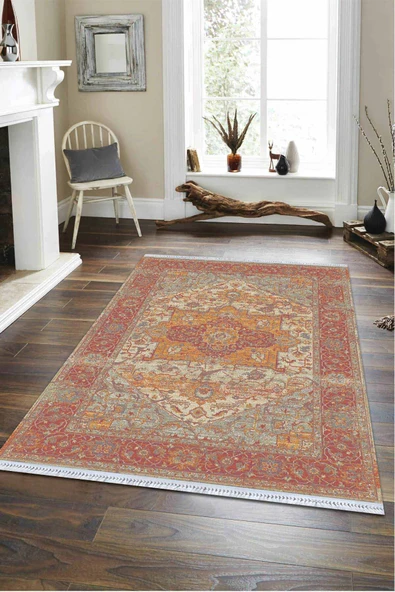 Pembe Klasik Göbekli Dokuma Pamuk Taban Kaymaz Kilim KLM146 ürün görseli 1