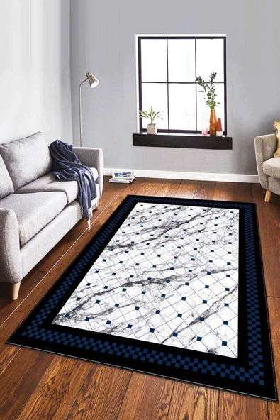 Lacivert Geometrik Kaymaz Tabanlı Dekoratif Halı RV146 ürün görseli 1