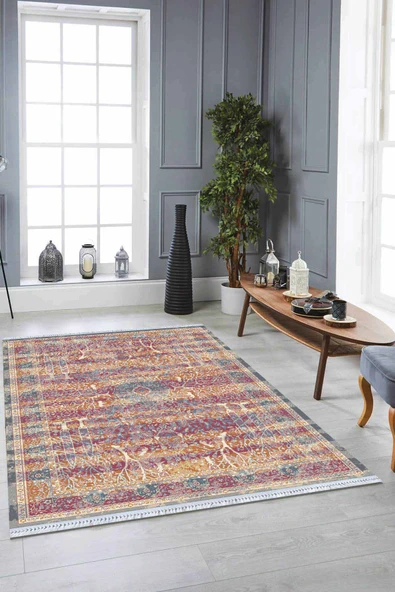 Çok Renkli Vintage Dokuma Pamuk Taban Kaymaz Kilim KLM176 ürün görseli 1