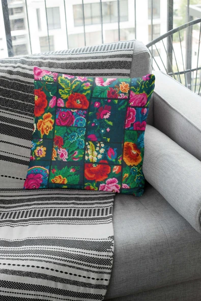 Çok Renkli Patchwork Çift Taraflı Kırlent Kılıfı KRL102 - Resim 2