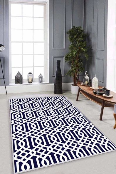 Lacivert Spor Kaymaz Tabanlı Makinede Yıkanabilir Halı LB003 ürün görseli 1