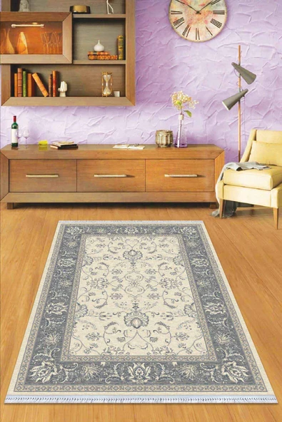 Gri Çerçeveli Dokuma Pamuk Tabanlı Kaymaz Kilim KLM170 ürün görseli 1