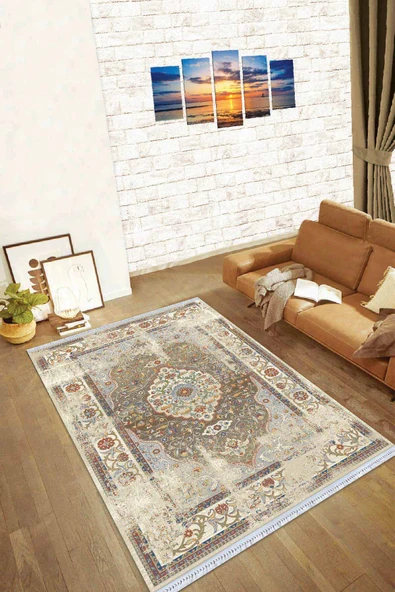 Bej Klasik Göbekli Dokuma Pamuk Taban Kaymaz Kilim KLM133 ürün görseli 1