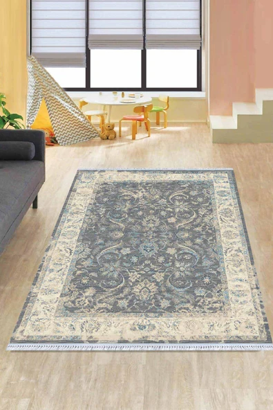 Gri Çerçeveli Dokuma Pamuk Tabanlı Kaymaz Kilim KLM240 ürün görseli 1