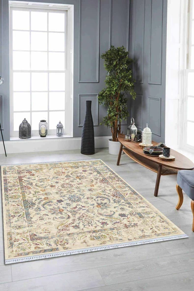 Krem Çerçeveli Dokuma Pamuk Taban Kaymaz Kilim KLM241 ürün görseli 1