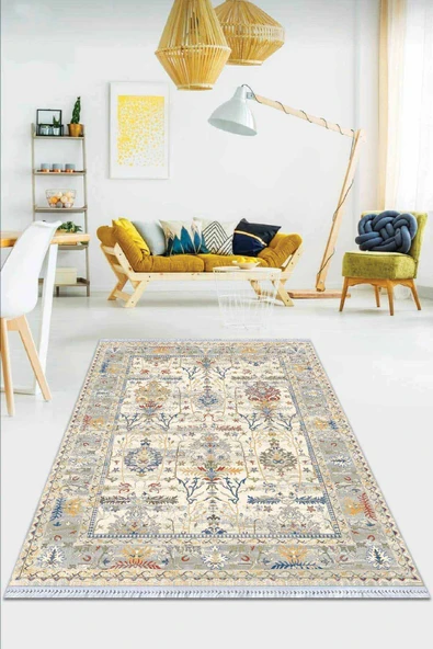 Çok Renkli Çerçeveli Dokuma Pamuk Taban Kaymaz Kilim KLM293 ürün görseli 1