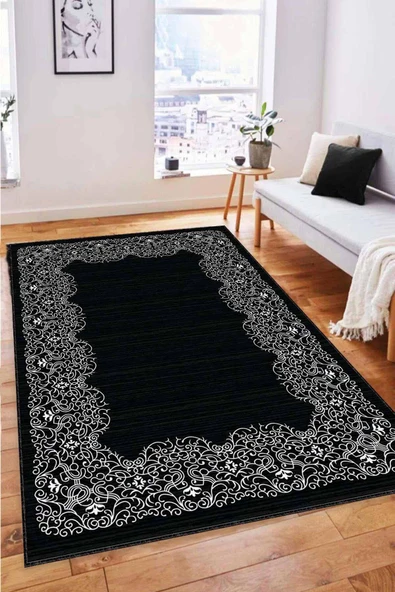 Siyah Çerçeveli Kaymaz Taban Makinede Yıkanabilir Halı MK58 ürün görseli 1