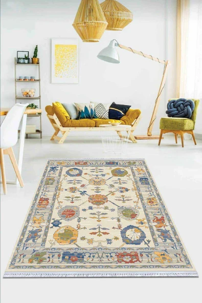 Çok Renkli Çerçeveli Dokuma Pamuk Taban Kaymaz Kilim KLM327 ürün görseli 1
