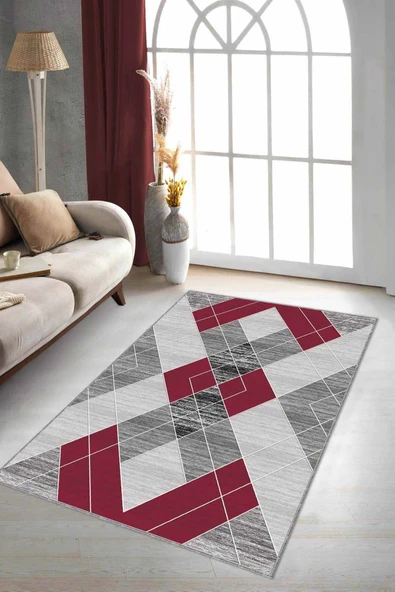 Kırmızı Geometrik Kaymaz Tabanlı Dekoratif Halı DD06 ürün görseli 1