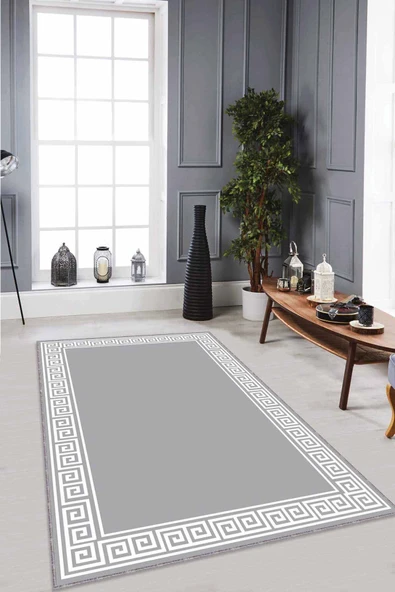 Gri Çerçeveli Kaymaz Tabanlı Makinede Yıkanabilir Halı RV039 ürün görseli 1