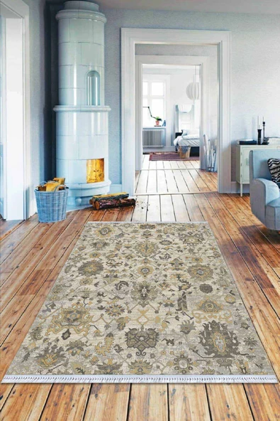 Bej Vintage Dokuma Pamuk Tabanlı Kaymaz Kilim KLM370 ürün görseli 1