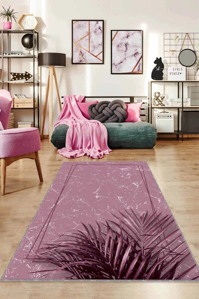 Pembe Modern Klasik Kaymaz Tabanlı Dekoratif Halı RV186 ürün görseli 1