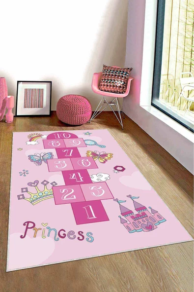 Pembe Kaymaz Tabanlı Seksekli Oyun Halısı Çocuk Halısı KD065 ürün görseli 1