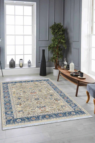 Mavi Çerçeveli Dokuma Pamuk Taban Kaymaz Kilim KLM341 ürün görseli 1