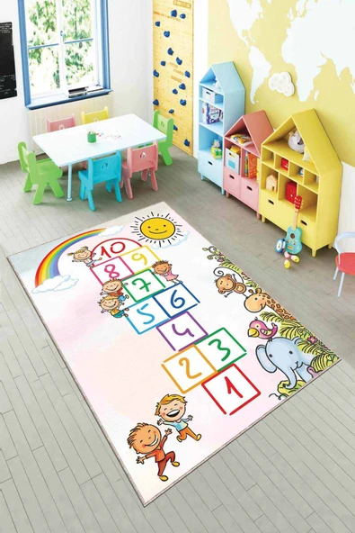 Çok Renkli Kaymaz Tabanlı Seksekli Çocuk Halısı AR776 ürün görseli 1