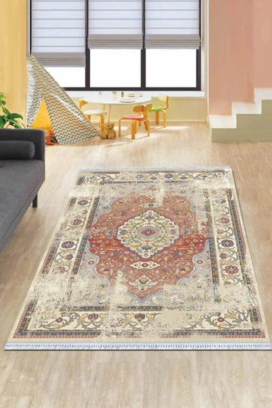 Pembe Klasik Göbekli Dokuma Pamuk Taban Kaymaz Kilim KLM132 ürün görseli 1