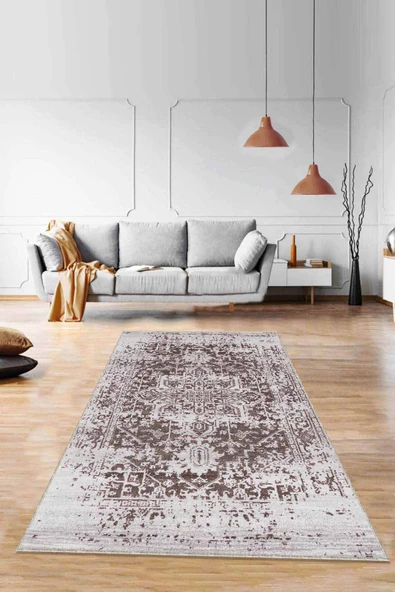 Kahverengi Vintage Kaymaz Tabanlı Dekoratif Halı RV300 ürün görseli 1