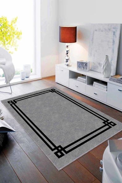 Gri Çerçeveli Kaymaz Tabanlı Makinede Yıkanabilir Halı RV060 ürün görseli 1