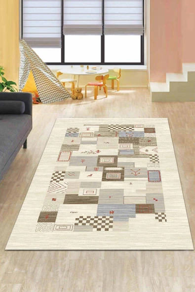 Krem Vintage Dokuma Pamuk Tabanlı Kaymaz Kilim KLM306 ürün görseli 1
