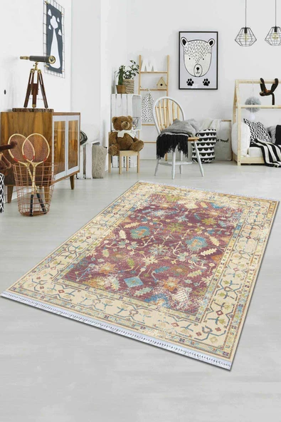 Pembe Çerçeveli Dokuma Pamuk Taban Kaymaz Kilim KLM105 ürün görseli 1