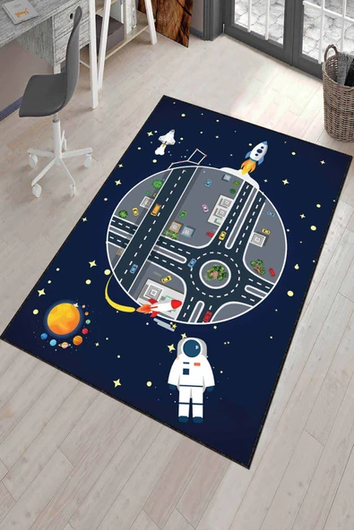 Lacivert Kaymaz Tabanlı Uzay Astronotlu Çocuk Halısı AR323 ürün görseli 1