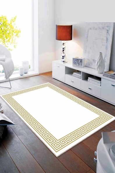 Krem Gold Çerçeveli Kaymaz Tabanlı Dekoratif Halı RV038 ürün görseli 1