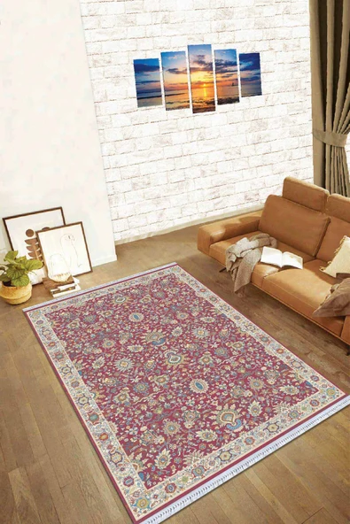 Fuşya Çerçeveli Dokuma Pamuk Taban Kaymaz Kilim KLM317 ürün görseli 1