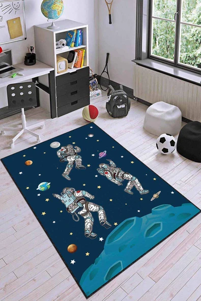 Lacivert Kaymaz Tabanlı Uzay Astronotlu Çocuk Halısı AR742 ürün görseli 1