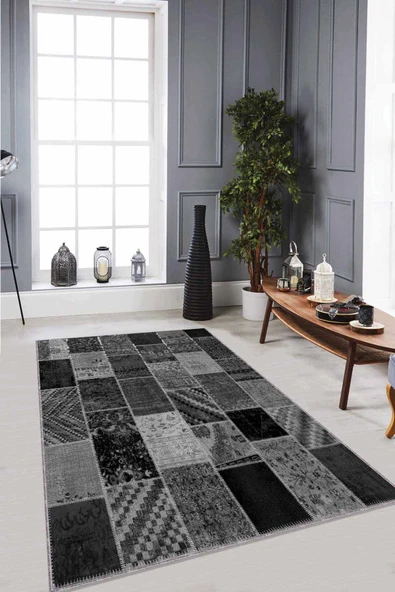 Gri Patchwork Kaymaz Tabanlı Makinede Yıkanabilir Halı RV222 ürün görseli 1