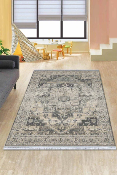 Gri Klasik Göbekli Dokuma Pamuk Taban Kaymaz Kilim KLM347 ürün görseli 1
