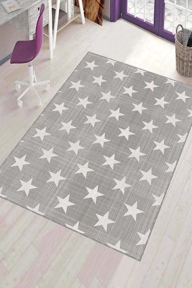 Gri Kaymaz Tabanlı Yıkanabilir Yıldızlı Bebek Halısı KD078 ürün görseli 1