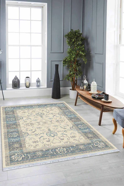 Mavi Çerçeveli Dokuma Pamuk Taban Kaymaz Kilim KLM174 ürün görseli 1