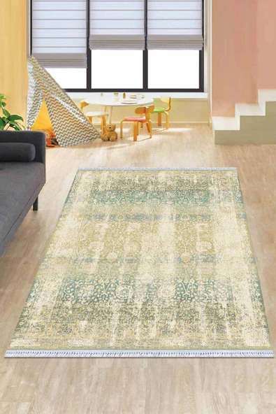 Yeşil Vintage Dokuma Pamuk Tabanlı Kaymaz Kilim KLM137 ürün görseli 1