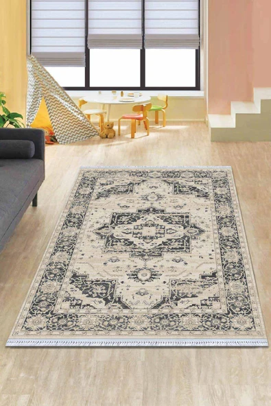 Gri Klasik Göbekli Dokuma Pamuk Taban Kaymaz Kilim KLM227 ürün görseli 1